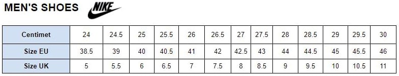 Bảng size giày nike nam quy đổi EU - UK