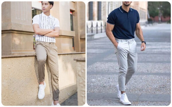 Sneaker phối với quần kaki và áo polo cực chất