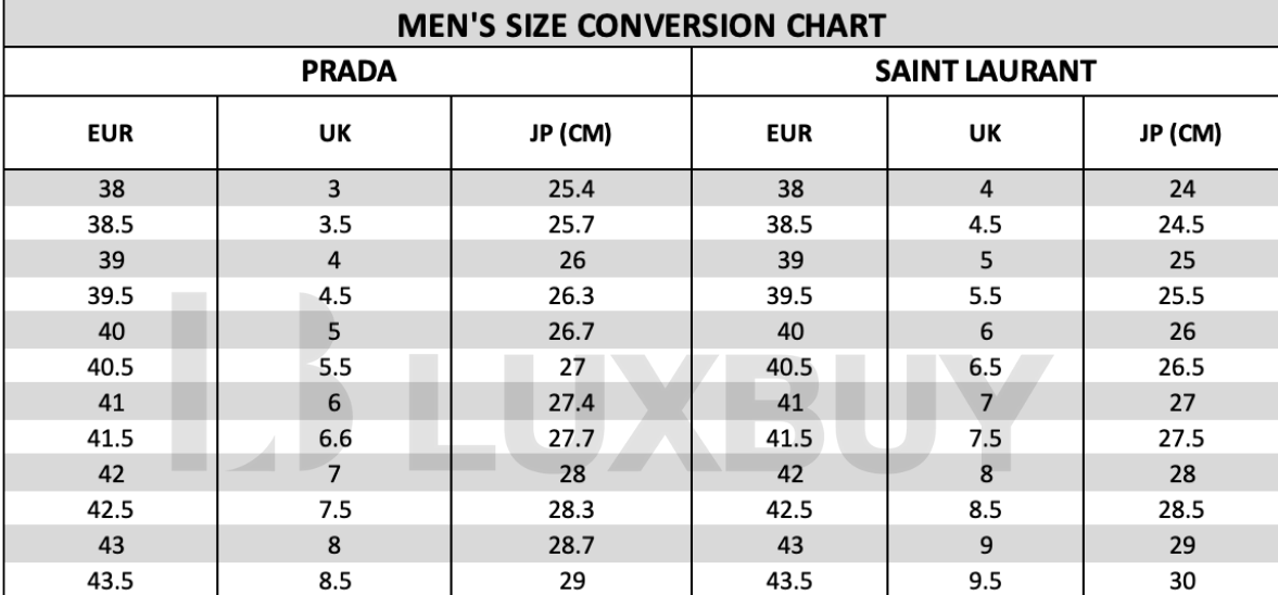 bảng size chart thương hiệu cao cấp luxbuy