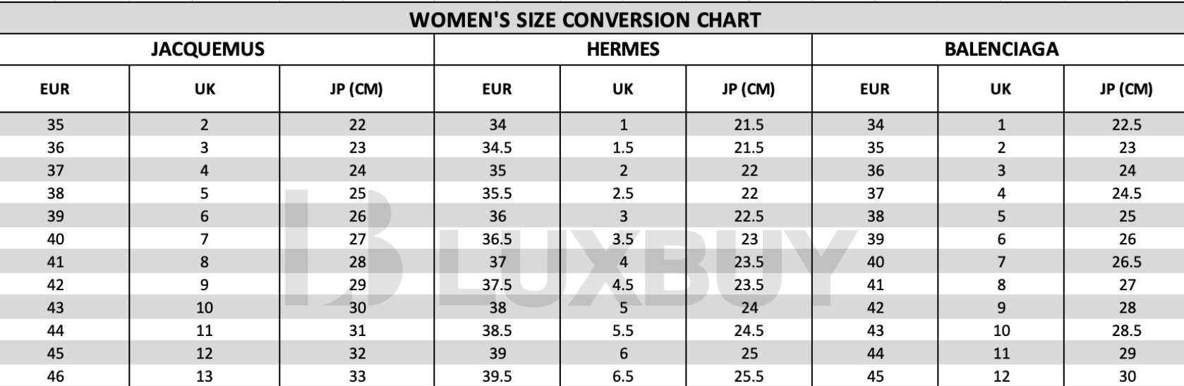 bảng size chart thương hiệu cao cấp luxbuy