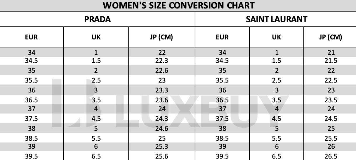 bảng size chart thương hiệu cao cấp luxbuy