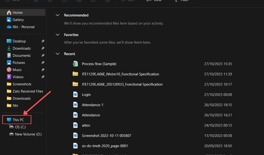 Sử dụng tổ hợp phím Win + E để mở File Explorer, sau đó chọn This PC trong danh sách ở phía bên trái