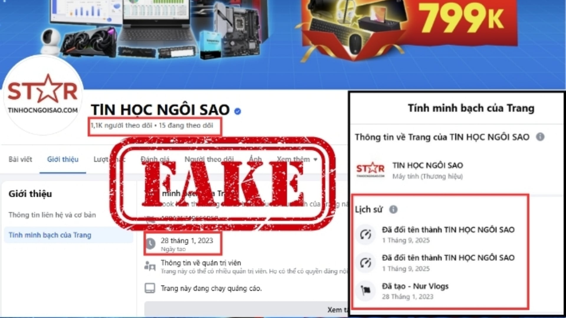Fanpage Tin Học Ngôi Sao giả mạo