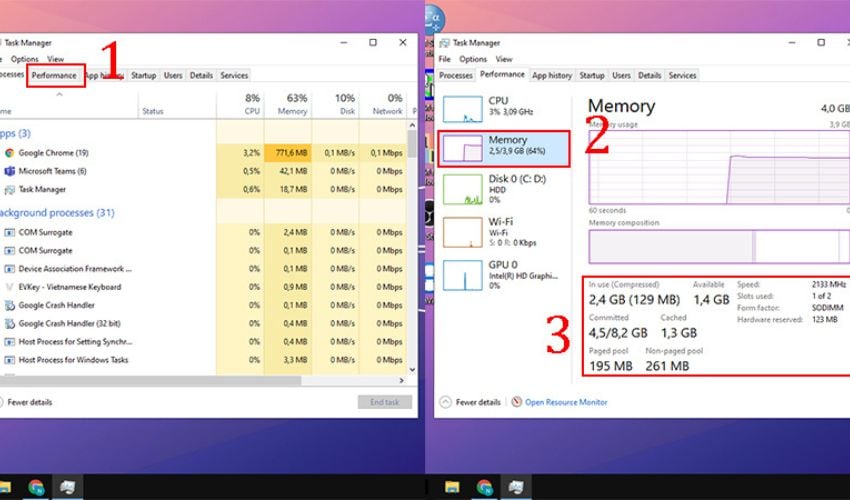 Trong Task Manager, chọn Performance > Memory để xem lượng RAM