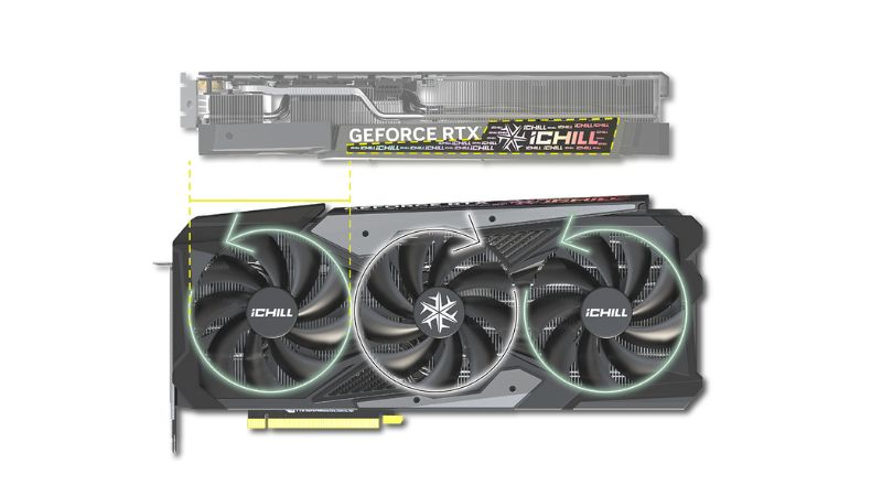 Với kích thước 334mm x 148mm x 62mm, INNO3D RTX 4070 SUPER iCHILL X3 mang một thiết kế mạnh mẽ, hiện đại