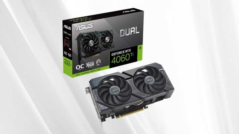 Hệ thống tản nhiệt của ASUS Dual GeForce RTX 4060 Ti OC Edition sử dụng quạt kép với vòng bi chất lượng cao