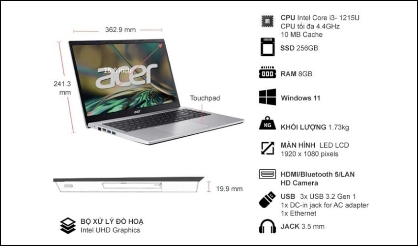 Acer Aspire 3 A315-59-31BT kết hợp tinh tế giữa hiệu suất vượt trội và tính di động đa năng, phù hợp cho nhiều mục đích sử dụng từ văn phòng, doanh nghiệp đến học tập