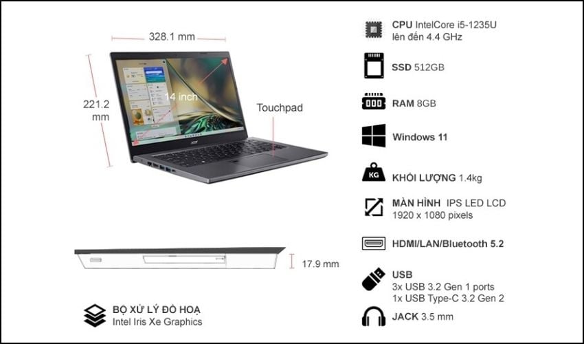 Acer Aspire 5 A514-55-5954 (NX.K5BSV.001) là dòng laptop dành cho sinh viên và nhân viên văn phòng