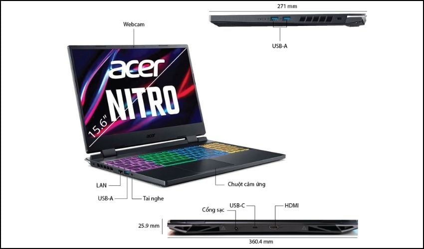 Laptop gaming Acer Nitro 5 Tiger AN515 có thiết kế mạnh mẽ, hầm hố hơn so với laptop văn phòng