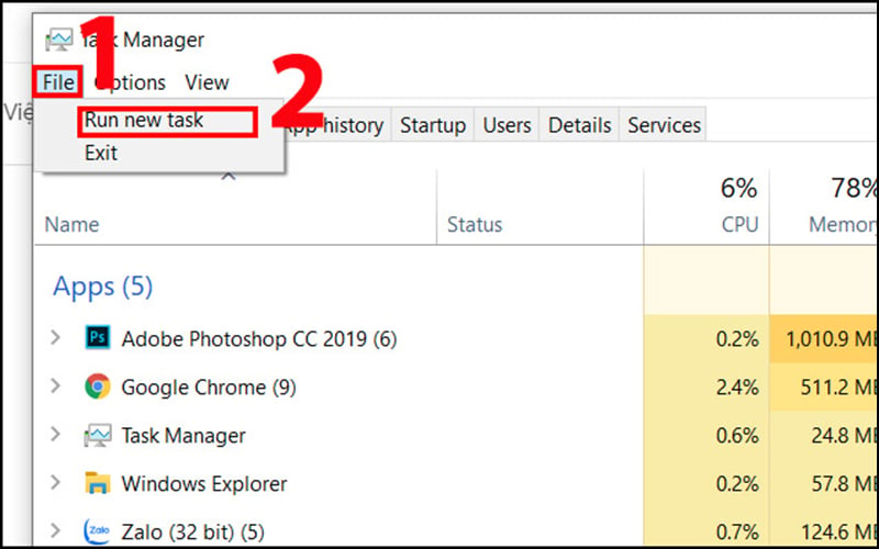 Chọn Run new task để chạy hộp thoại Run