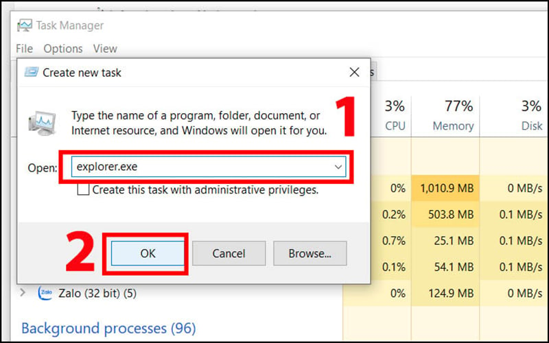 Nhập lệnh explorer.exe > Nhấn OK