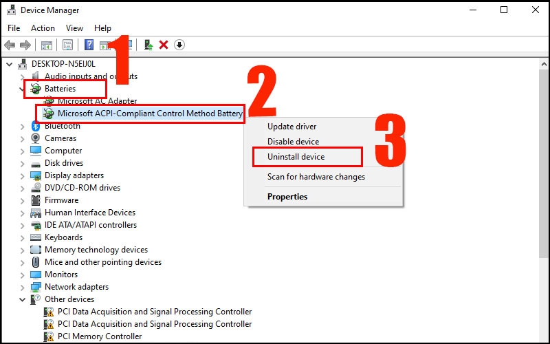 Tại mục Microsoft ACPI-Compliant Control Method Battery bạn nhấp phải chuột > Chọn Uninstall device