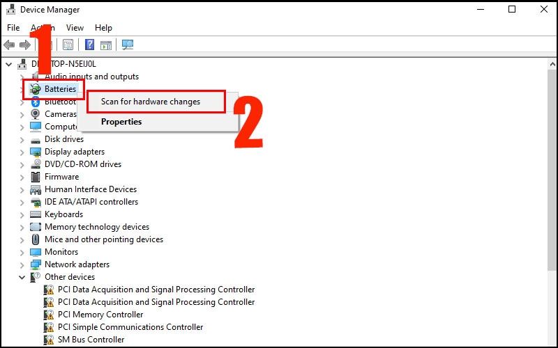Click phải chuột tại mục Batteries >Chọn Scan for hardware changes