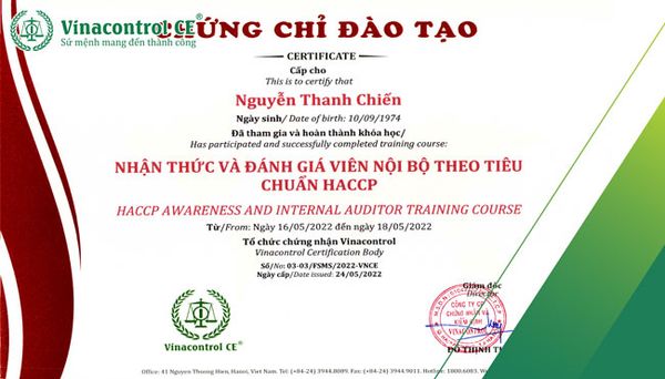 Viện đào tạo Vinacontrol cấp chứng chỉ đào tạo đánh giá nội bộ HACCP