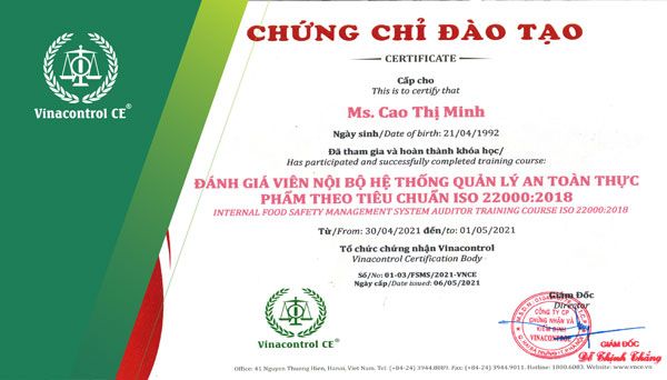 Viện đào tạo Vinacontrol cấp chứng chỉ đào tạo đánh giá nội bộ ISO 22000