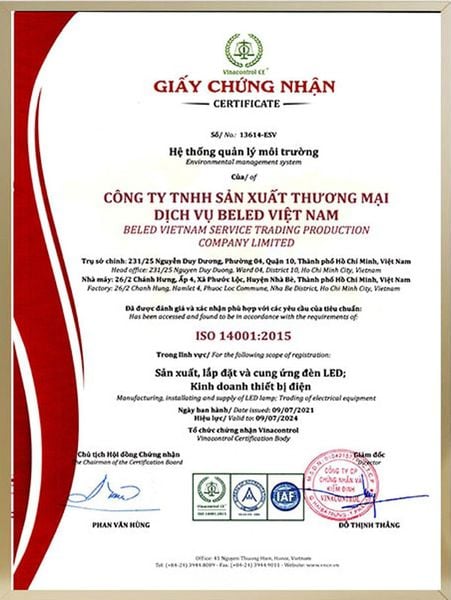 Chứng chỉ ISO 14001 được Viện đào tạo Vinacontrol cấp cho doanh nghiệp đạt tiêu chuẩn