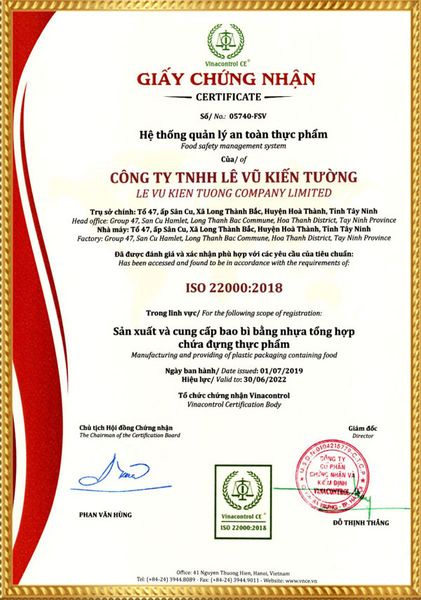 Giấy chứng nhận ISO 22000 được Viện Vinacontrol cấp cho doanh nghiệp