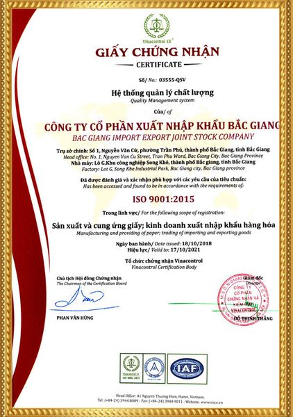 Giấy chứng nhận ISO 9001 được Viện đào tạo Vinacontrol cấp cho doanh nghiệp