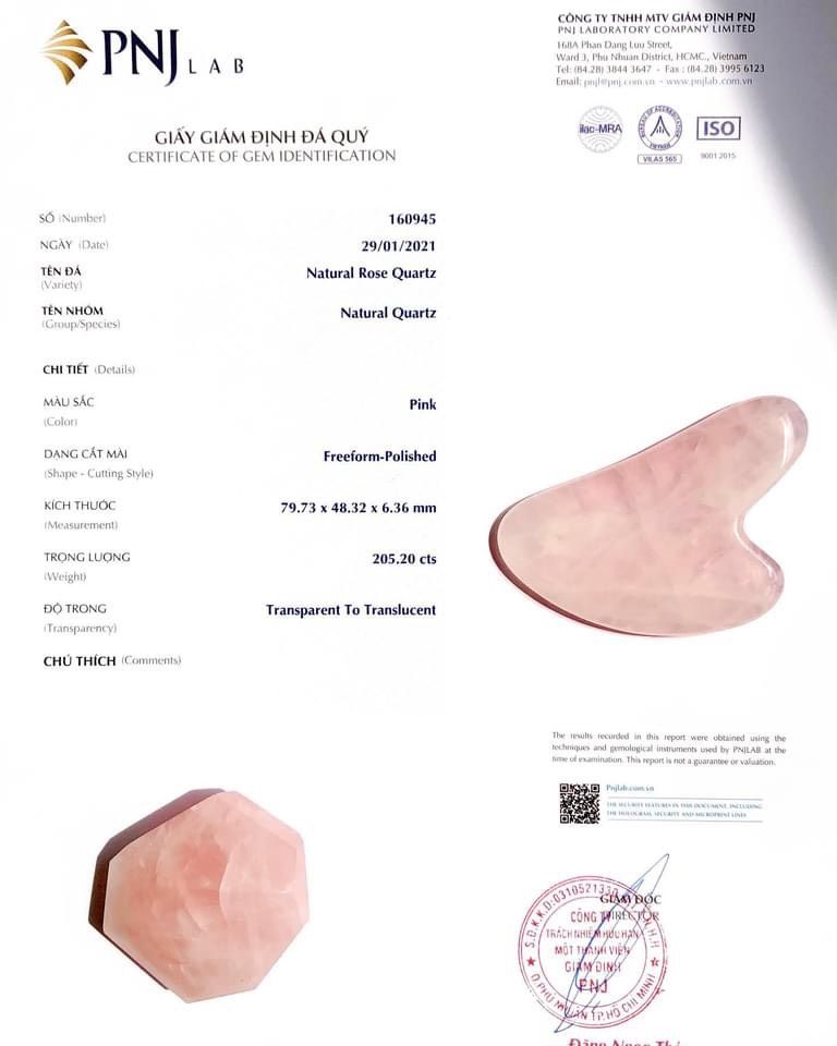 Guasha massage đá thạch anh hồng tự nhiên được kiểm định tại Công ty Giám Định PNJ Lab