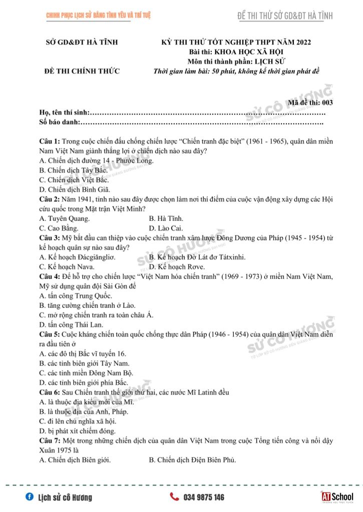 ĐỀ THI THỬ TN THPT MÔN LỊCH SỬ SỞ GD&ĐT HÀ TĨNH (2022)
