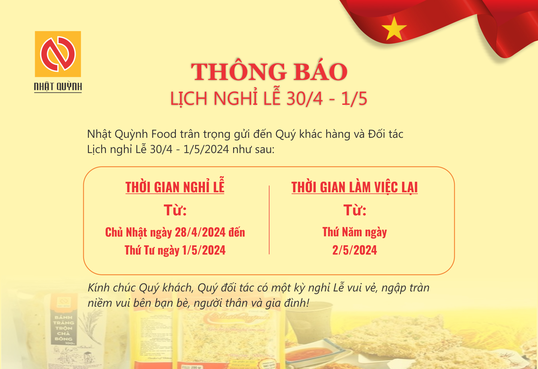 THÔNG BÁO NGHỈ LỄ 30/4 & 1/5