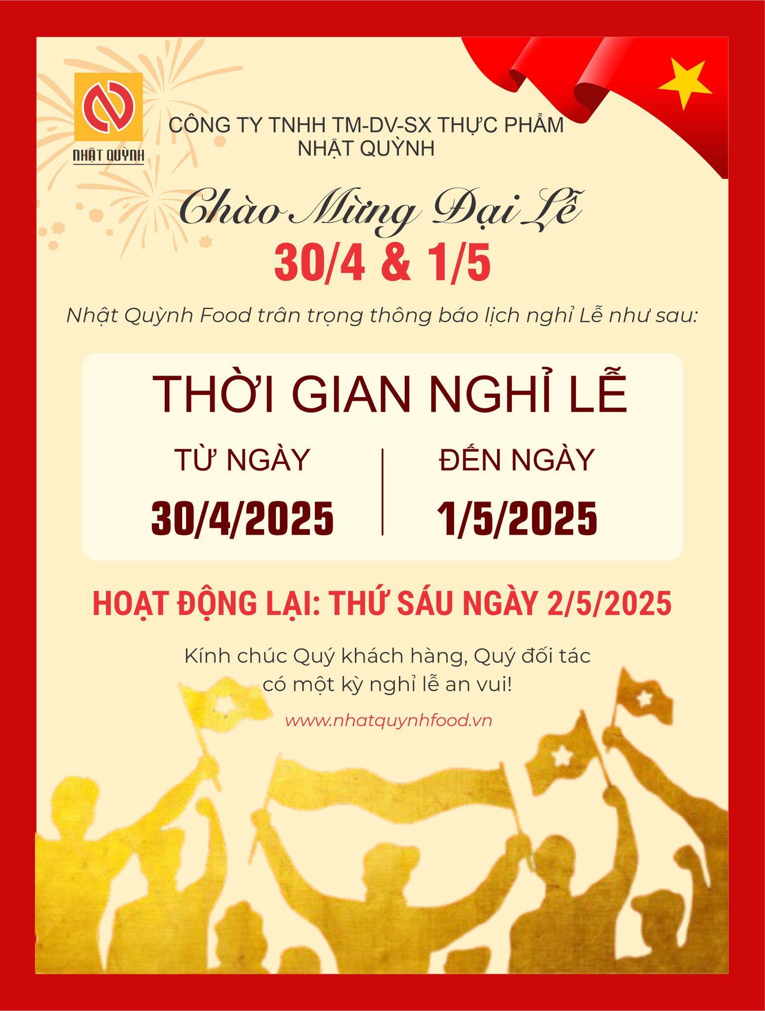 THÔNG BÁO NGHỈ LỄ 30.4