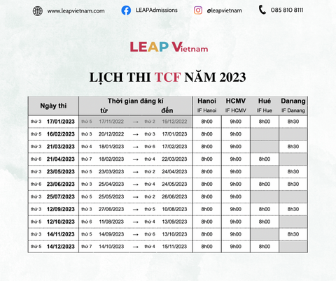 LỊCH THI TCF NĂM 2023