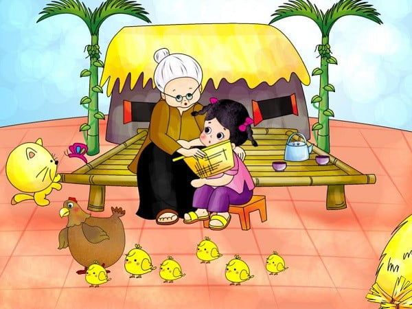 Bức tranh vẽ đáng yêu thể hiện tình cảm hai bà cháu.