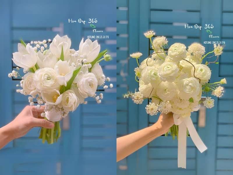 Mẫu hoa cưới cầm tay New Beginning - HC48 và Mẫu hoa cưới cầm tay Mao Lương Trắng - HC47 tại Flosa