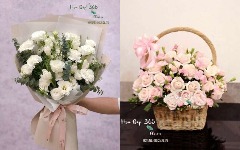 Mẫu Bó Hoa Cẩm Chướng Trắng Mix Tulip - HBD233 và mẫu Bó Hoa Cẩm Chướng Hồng - HBD54 tặng mẹ tại Flosa