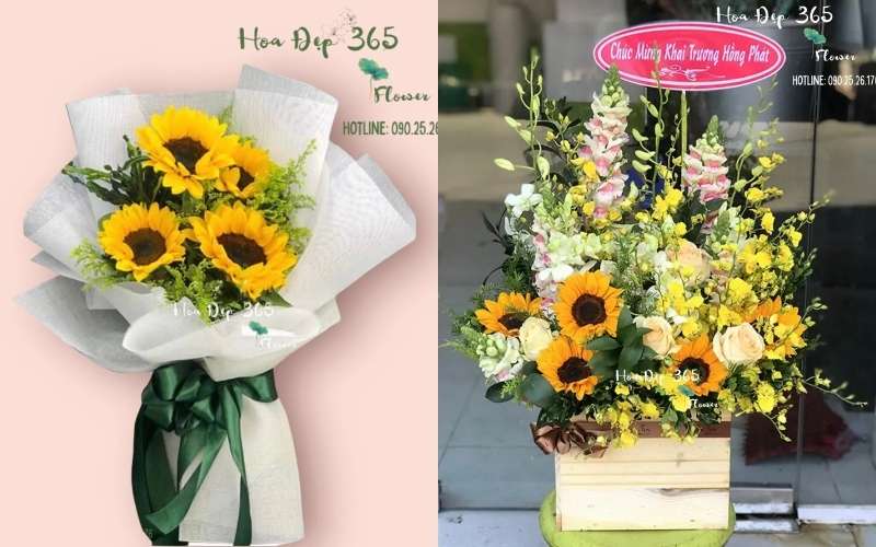 Mẫu Bó Hoa Hướng Dương - Ánh Sáng - HBD138 và Hộp Hoa Lời Cảm Ơn Mẹ - HCH17 tặng mẹ tại Flosa