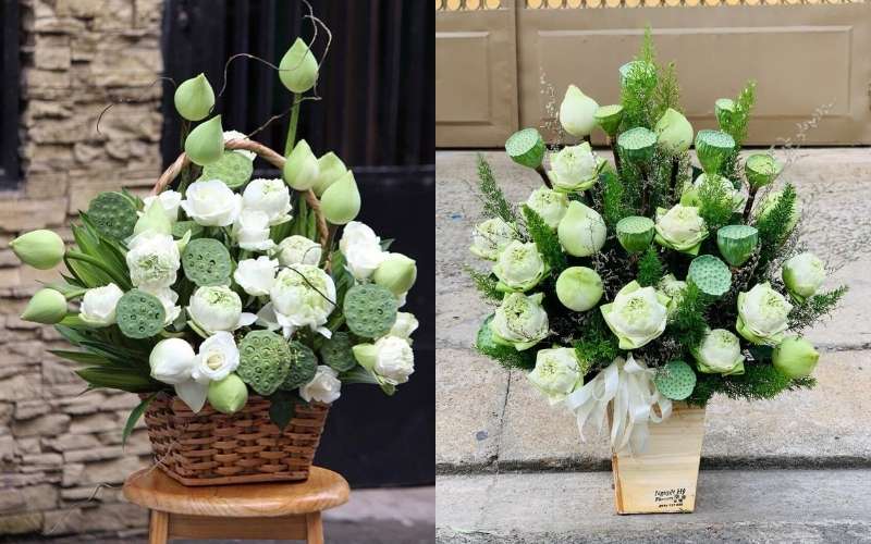 Hoa sen được cắm trong giỏ cần phải lót xốp ẩm để giữ ẩm và cố định hoa