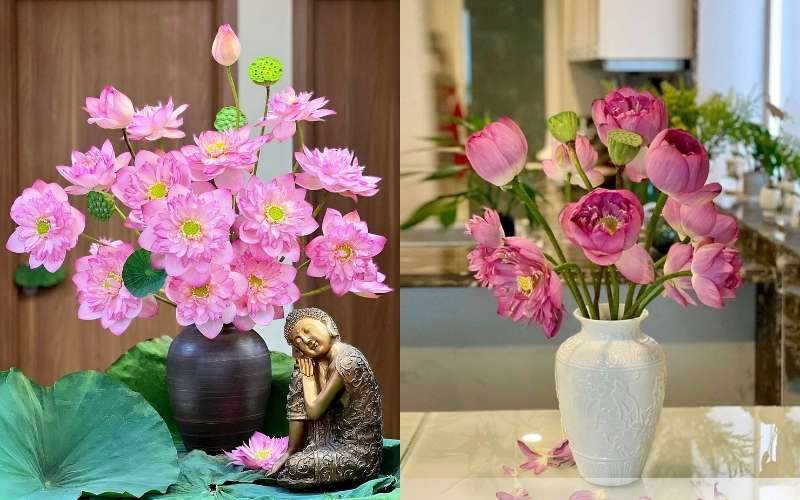 Hoa sen được cắm trong bình gốm tròn tạo cảm giác sang trọng phù hợp cho không gian phòng khách