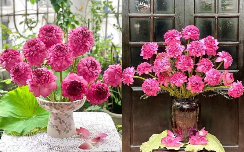 Hoa sen nghìn tay có thể được cắm theo hình tháp hoặc hình tròn để tạo sự đầy đặn và sung túc