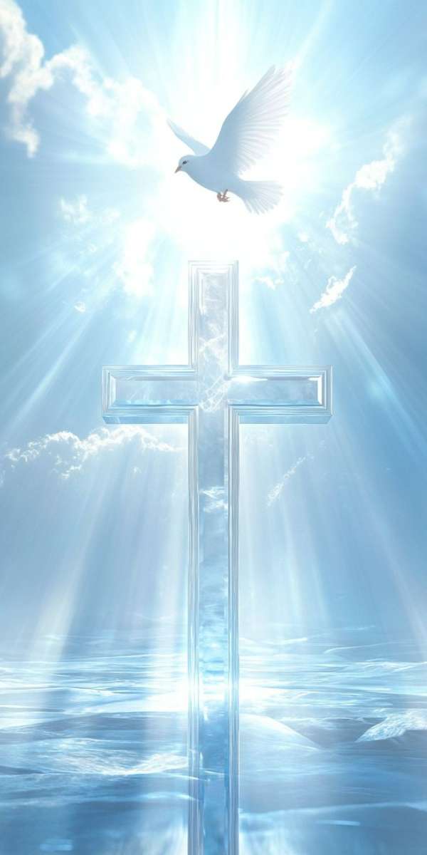 Hình nền điện thoại với thập giá thủy tinh trong suốt tỏa sáng trên nền trời xanh nhạt và mặt nước gợn sóng