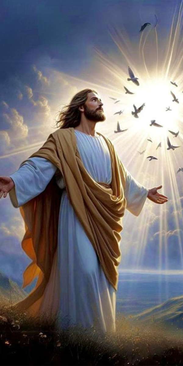 Hình nền điện thoại tươi sáng với Chúa Giêsu dang rộng vòng tay đứng trên đồi
