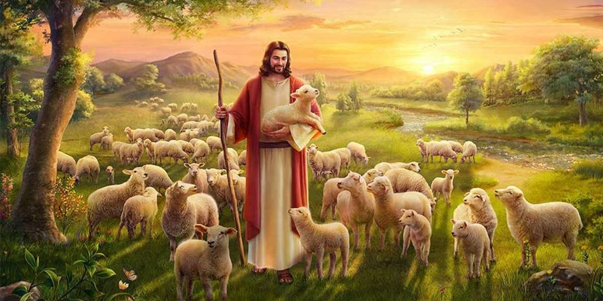 Hình nền laptop yên bình với Chúa Giêsu, ôm một chú chiên non, đứng giữa đàn chiên đông đúc