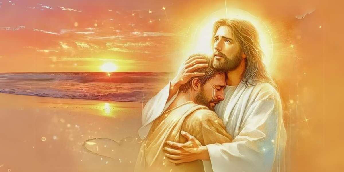 Hình nền laptop ấm áp với Chúa Giêsu ôm một người đàn ông đang khóc trên bãi biển