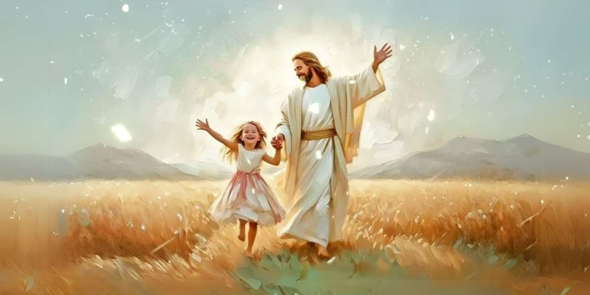 Hình nền laptop tươi vui với Chúa Giêsu nắm tay một bé gái đang chạy tung tăng trên cánh đồng cỏ vàng