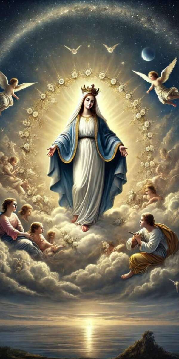 Hình nền điện thoại lộng lẫy với Đức Mẹ Maria đội vương miện vàng, đứng trên tầng mây