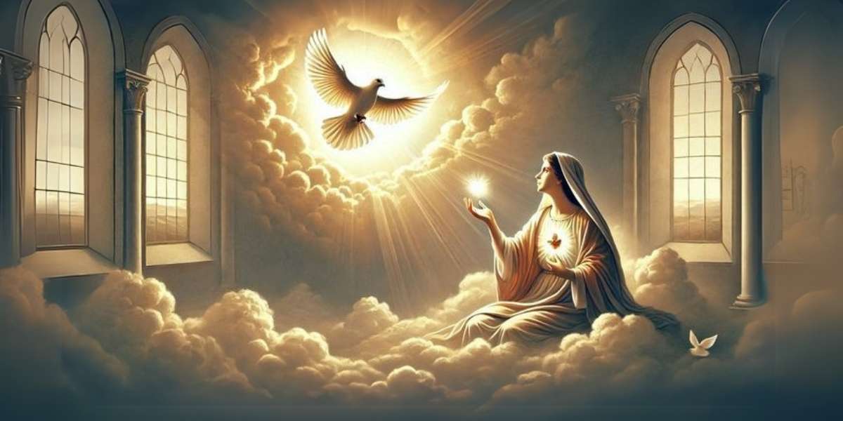 Hình nền laptop huyền ảo với Đức Mẹ Maria quỳ gối giữa những đám mây vàng, một tay giữ ánh sáng