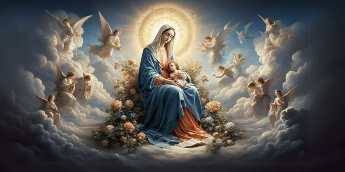 Hình nền laptop tuyệt đẹp với Đức Mẹ Maria ôm Chúa Giêsu Hài Đồng, ngồi giữa những bông hoa hồng