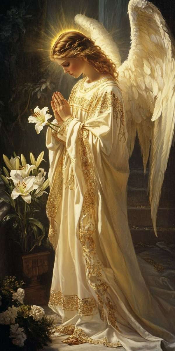 Hình nền điện thoại một thiên thần đang chắp tay cầu nguyện, bên cạnh những bông hoa ly trắng thể hiện sự thương tiếc