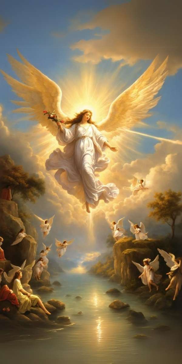 Hình một thiên thần rạng rỡ đang bay xuống từ vầng hào quang cho điện thoại