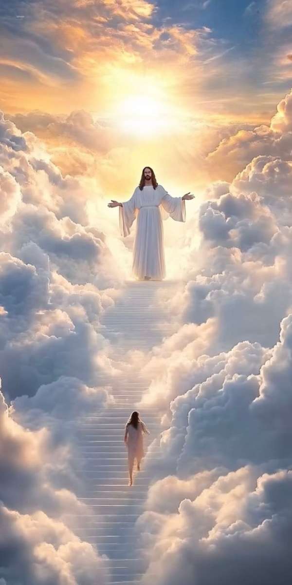 Hình ảnh mang ý nghĩa về sự trở về bên Chúa trong đám tang Công giáo, với cầu thang trắng dẫn lên Chúa Giêsu