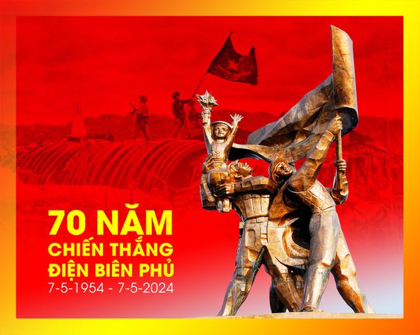 Hình ảnh giương cờ mừng Chiến thắng Chiến dịch Điện Biên Phủ năm 1954