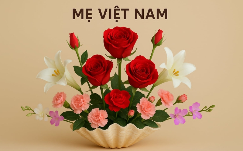 Những bông hồng đỏ cắm trong vỏ sò lớn, kết hợp với hoa loa kèn và cẩm chướng