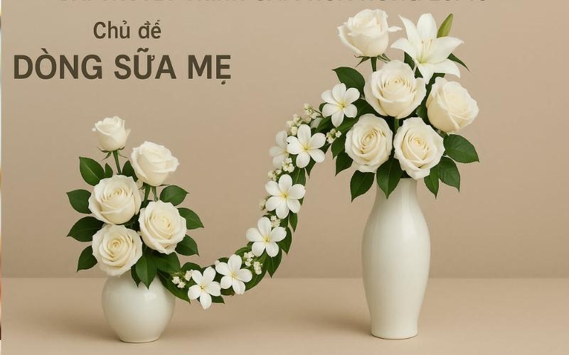 Hai lọ hoa hồng trắng được kết nối, tạo hình dòng sữa mẹ