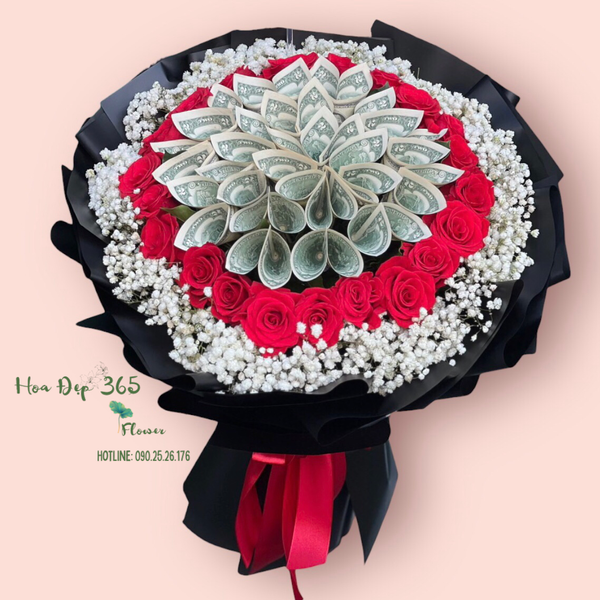 Bó hoa tiền 20/10 với 20 tờ $2 kết hợp cùng hoa hồng, hoa bi ấn tượng