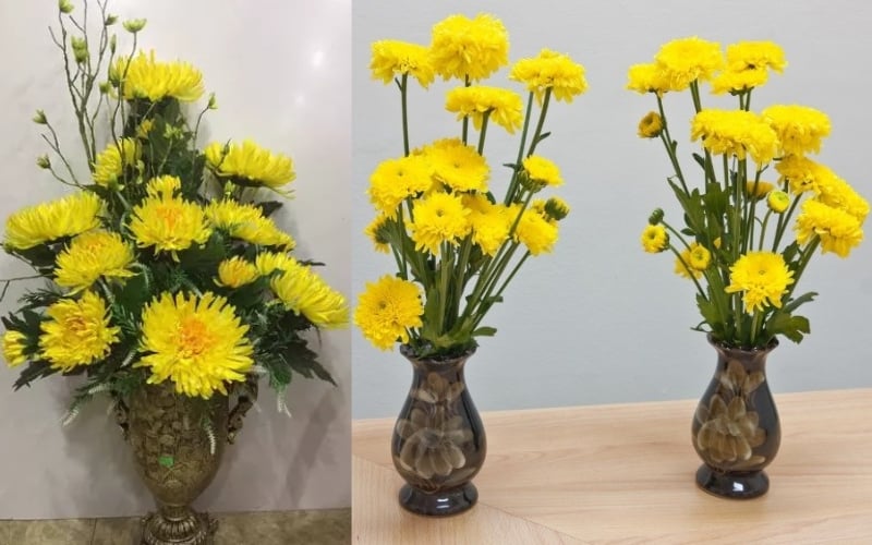 Mẫu cắm hoa cúc vàng bàn thờ phật bình cao